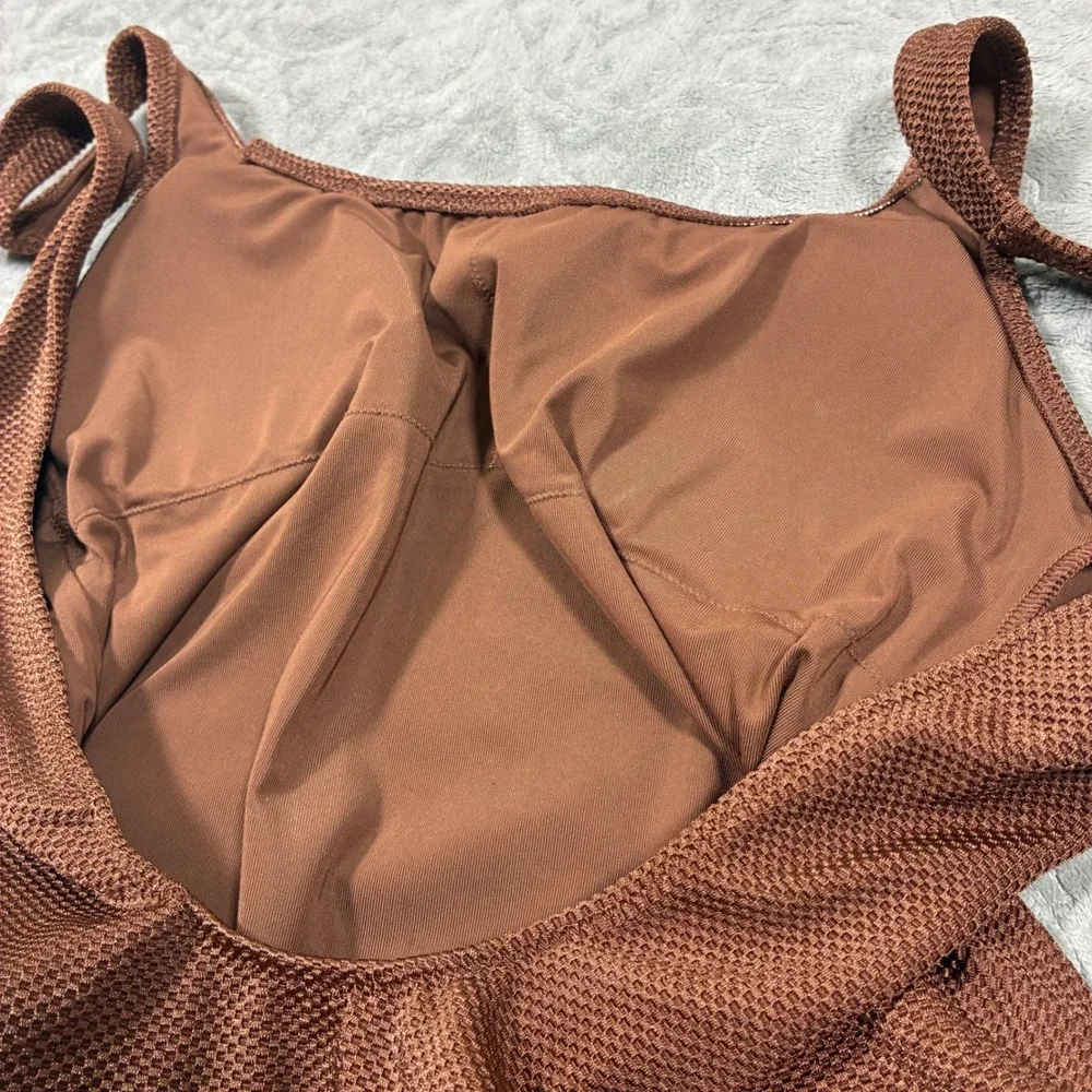Aerie Brown Textured One Piece Swimsuit Size S Cheeky Scoop Neck Neutral